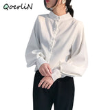 Lantern Sleeve Blouse Women Autumn Winter Single Breasted Stand Collar Shirts Office Work Blouse Solid Vintage Blouse