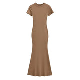 Zingj Trendy Women's Dress Sexy High Waist Hip Fishtail Skirt Temperament Solid Color Short-Sleeved Round-Neck Dress Long