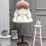 Large Natural Raccoon Fur Winter Jacket Women 90% White Duck Down Coats Thick Warm Parkas Sash Tie Up Short Snow