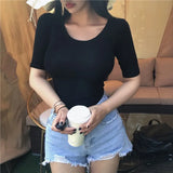 T Shirt White Casual Tee Shirt Femme Female Slim High Quality Plain Sexy Tops Fashion Clothes 2021 Thin Top see