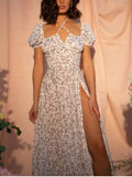 Floral Print Dress Sweet Square Neck Puff Sleeve Side Spilt Drawstring Maxi Dresses for Women Party Chic Casual