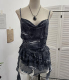 Real Shoot Spice Girl Swing Network Yarn Print Sling Vest Retivating Lotus Leaf Side Ribbon Short Top