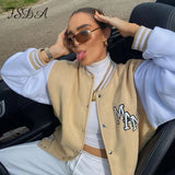 2021 Oversized Varsity Jacket Baseball Women Patchwork Autumn Winter Letter Print Long Sleeve Khaki Fashion Loose