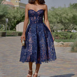 Women Off Shoulder Chest Wrap Waisted Mini Dress Fashion Backless Sleeveless Lace A-Line Dress Sweet Sexy Banquet Party