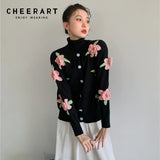 Floral Patch Black Cardigan Women Korean Fashion Knitted Sweater Button Up Kawaii Cute Fall Sweater Cardigan