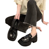 Zingj New Korean Version Of The Pine Cake Loafer Shoes Platform Raised Small Leather Shoes Female Black British Round Head Retro JK Single Shoes-Outfit
