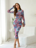 2024 Women's Summer New Round-Neck Long-Sleeved Cover Finger Mesh Printing Casual Long Dress Dress