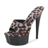 Leopard Print Woman Slippers Sandals Platform 2022 Nightclub Sexy High-heeled 15cm Shoes Slippers Heels Waterproof Thick