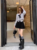 Bow Solid High Waist Pleated A-line Skirt- Outfit