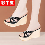 Slope Heel Slippers Women Summer 2024 Muffin Thick Soles Wear One-Word Flip-Flops Large Size Slippers Wear Fashionable Lacquered Leather