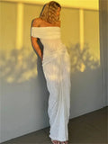 Knit Off-Shoulder Pleated Wrap Maxi Dress- Outfit