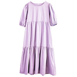 White Cotton Puff Sleeve Dress Woman Summer Midi Dress Short Sleeve Cascading Ruffles Blouses