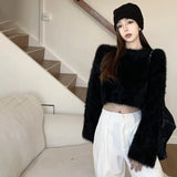 Sweater For Women Sweet Faux Mink Hairy Pullover O Neck Long Sleeve Loose Short Sweater Lady Casual Soft Warm