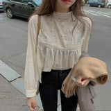 New Lace Stand Collar Long Sleeve Blouse Embroideried Flower Chic Women Shirt Autumn New Tops Chemise