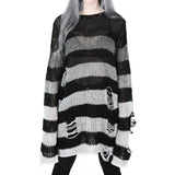 Gothic Long Unisex Sweater Summer Women Striped Cool Hollow Out Hole Broken Jumper Loose Rock Thin Dark Streetwear