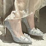 Heels Female Fine Tip Sexy Golden Wedding Shoes Bridesmaids Show Hedley French Girl Bow Silver Single