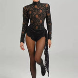Sexy Pure Net Yarn Hollow Flowers Thin Jumpsuit Girl Body