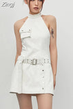 Spring Summer Sleeveless White Crocodile Print Faux Leather Halter Dress Women with Belt Retro Runway Fashion