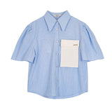 Summer 2022 Womens Fashion Striped Puff Sleeve Short Sleeve Shirt Pocket Blue Korean Fashion Blouse Designer