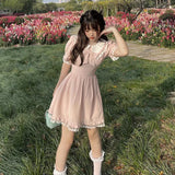 Sweet Kawaii Lace Dress Women Pink College Style Lolita Peter Pan Collar Summer Women Dress Mini Dress For Women