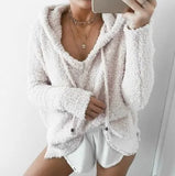 Autumn Top Women Casual Mohair Hooded Pullovers V Neck Fleece Sweater Fashion Sweet Loose Warm Winter Mohair Tops