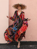 Boho Printed Ruffled Maxi Dress Sexy V-neck Bishop Sleeve Club Party Dresses Elegant Tunic Women Summer Clothing