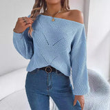 Shooting 2025 Autumn And Winter Leisure Hollow Word Collar Shoulder Lantern Sleeve Sweater Women's