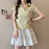 Embroidered Bow Polo Collar Short Sleeve TeeOutfit
