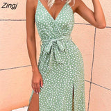 deep v-neck backless lace up party dress Summer green Women sexy dresses A-line strap printed beach sundress