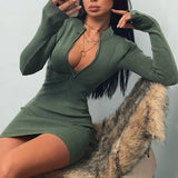 Fashion Women Sexy Bodycon Dress Autumn High Collar Long Sleeve Slim Fitness Dress Elegant Ladies Casual Pencil Dress
