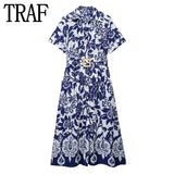 Blue Floral Shirt Dress Woman Vintage Print Long Dress Women Short Sleeve Elegant Chic Women Dresses Casual Summer
