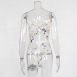 new Purple Floral Embroidery Lace Bodysuits Womens Bow Strappy Sexy Mesh Body suit Transparent Bodycon