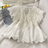crocheted V-neck hollow lace shirt women 2021 summer new girl loose thin short-sleeved