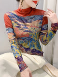 Women's Fashion Printing Long Sleeve Half High Neck Mesh T-shirts Female Positioning Flower T Shirt