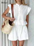 White Shorts Suit Woman 2022 Summer Short Sleeve Ruffle Jacquard Top Vacation Wide Leg Shorts Sets Women 2 Pieces