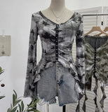 Real Shooting Wasteland Hottie Make Old Hole Tie-Dye V-Neck Irregular Ribbon Long-Sleeved Top Short T-Shirt