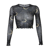 Sexy Mesh Long Sleeve T-shirt Women Harajuku Transparent Crop Top T Shirt Ladies Print Streetwear Summer Spring