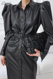 Autumn Long Soft Black Faux Leather Shirt Dress Belt Puff Long Sleeve Buttons Elegant Luxury Stylish Dresses for