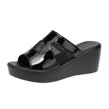 Heel Slope Sandals For Women In 2023 Summer New Style Muffin Thick Bottom Waterproof Table Hollowed-Out Net Gauze Lacquer Leather Wearing Sandals And