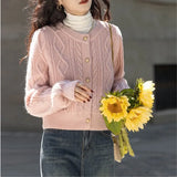Zingj Spring And Autumn New Loose Short Sweater Jacket Korean Twist Round Collar Knit Cardigan Woman-Outfit