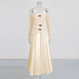 Temperament Famous Wind Style Long Dress 2025 New Bosom One-Word Shoulder Design Long-Sleeved Pin Waist Dress