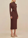Brown Metallic Button Decoration Knitted Dress High-Necked Long Sleeves Elegant
