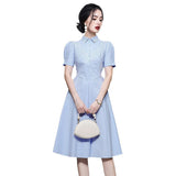 Elegant Temperament Collar Bubble Sleeves In The Summer Of 2025, Showing Thin Splicing Striped