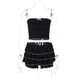 Black Bow Crop Top Ruffled Mini Skirt Set-Outfit