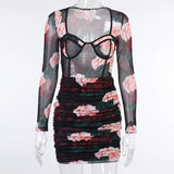 Fashion Floral Mesh Sheer Long Sleeve Bodysuits Women Rompers Party Sexy Slim Teddy One Piece Jumpsuit Female