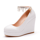 Cm White Round Head Water Table Slope Single Shoes Women Pearl Beads Supo Heel Shoes Large-Size High Heel Single Shoes