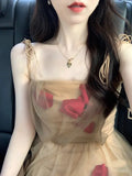 New Female Slash Neck Dress Fashion Flower Decorate Fairy Vestidos Women Elegant Gauze Princess Beach Puff Dresses