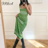 2021 Print Knit Bodycon Dress Women Green Summer Hollow Out Sexy Sleeveless Spaghetti Strap Beach Midi Dresses