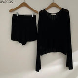 2 Piece Sets Women Outfits Long Sleeve Pullover Women 's Tops High Waist Casual Shorts Elegant Lady Office Suit Knit