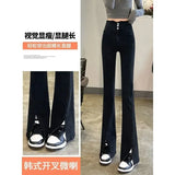 Zingj Waist Jeans Female Spring And Autumn New Slim Slim Straight Wide Leg Open Slit Micro Bell Pants-Outfit